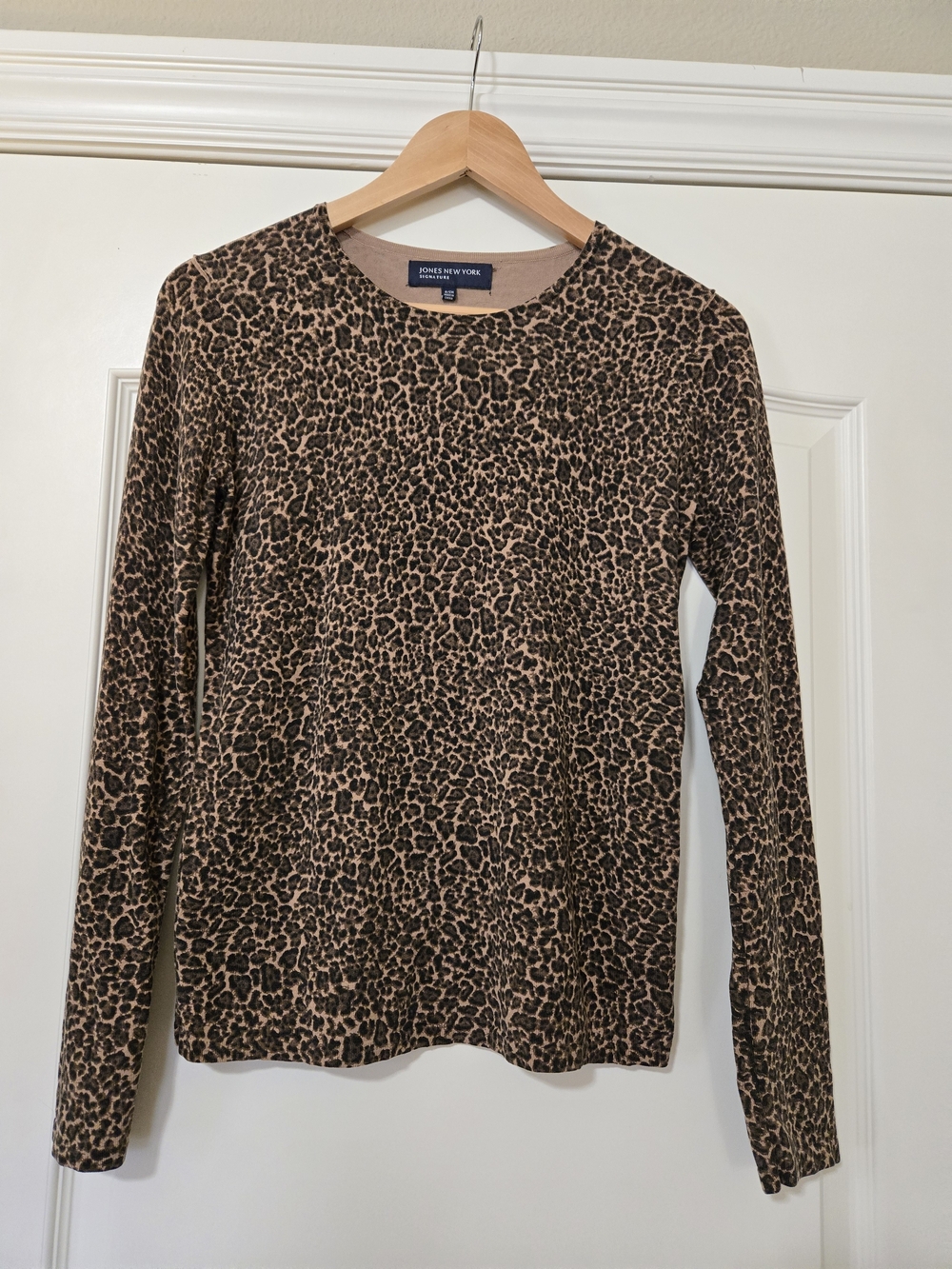 Jones New York Leopard-Print Long Sleeve Crewneck Top - Brown & Black Silk Blend
